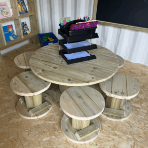 Outdoor Wooden Drum Table and Seating Stools