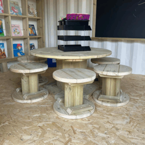 Outdoor Wooden Drum Table and Seating Stools