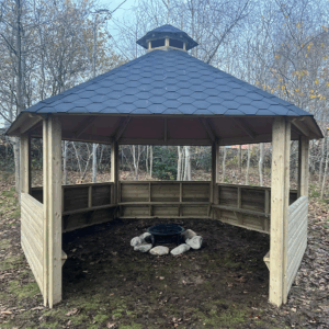 Forest Firepit Shelter (with half enclosed sides and seating)